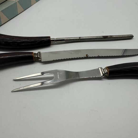 MCM Forgecraft USA Carving Set W/ Faux Stag Horn Handles Stainless Steel - Picture 7 of 7